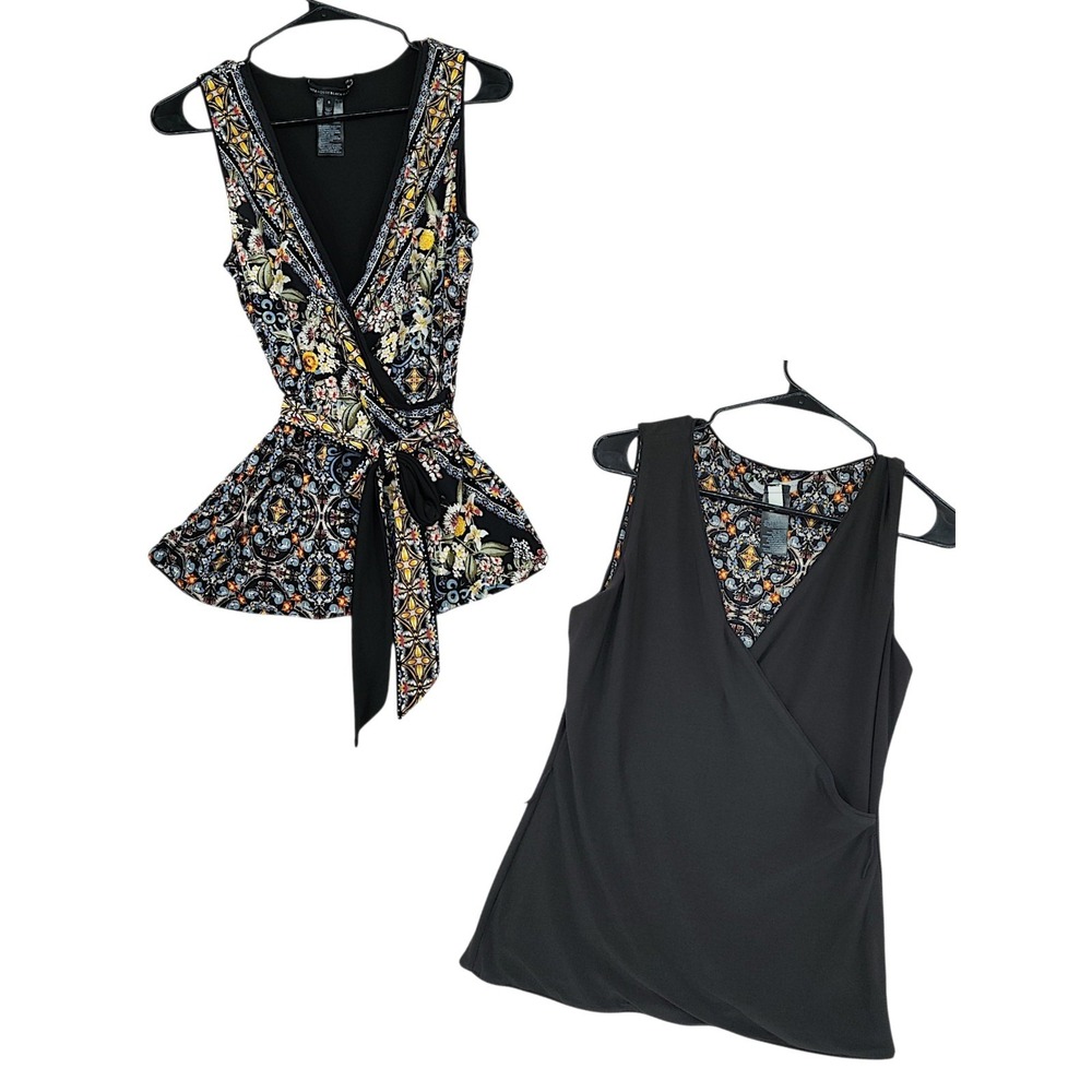 White House Black Market Wrap Top S Womens Reversible Black Floral Sleeveless